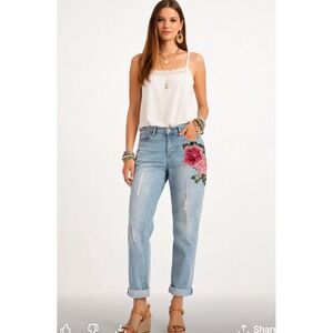 Juliette Floral Embroidered Distressed Light Wash Boyfriend Jeans Size 14